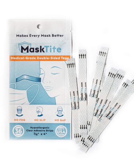 Home MaskTite double-sided tape for securing face masks, preventing fogging, and ensuring a comfortable, secure fit.