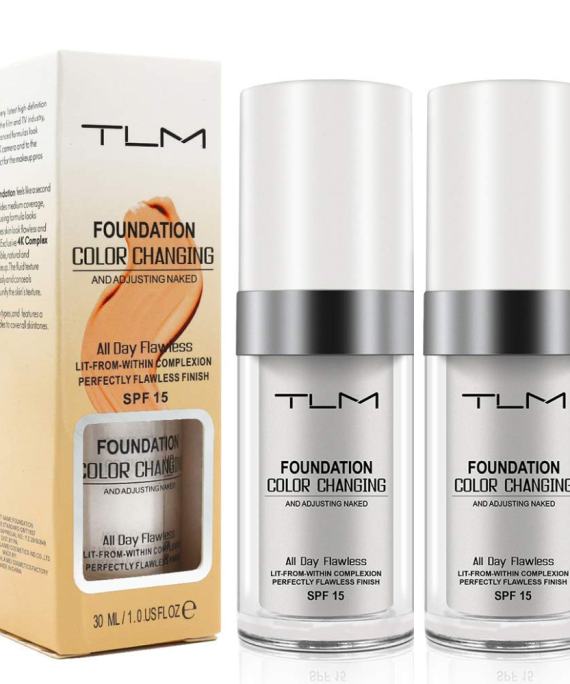 Home A bottle of TLM Flawless Color-Changing Foundation featuring SPF 50 protection, blending naturally for smooth, radiant skin.