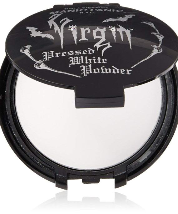 Home Compact white pressed powder with a mirror and applicator puff, ideal for achieving a matte, porcelain-like finish.