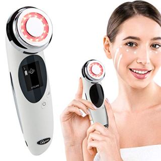 Home 4-in-1 facial massager with ergonomic design, featuring ion therapy and red light technology for anti-aging and rejuvenation.