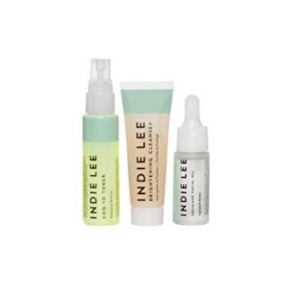 A trio of skincare products from the Indie Lee Discovery Package, including the Brightening Cleanser, CoQ-10 Toner, and Squalane Facial Oil.